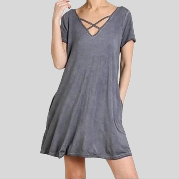 Umgee Women Midi Dress 1XL Grey Distressed Bohemian Contemporary Preppy - Picture 3 of 13